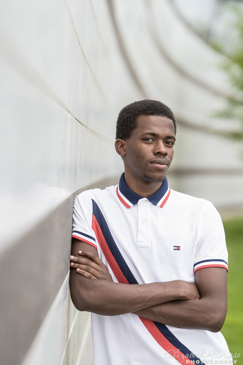 Portrait of a high school senior boy taken outside of the Cleveland Museum of Art