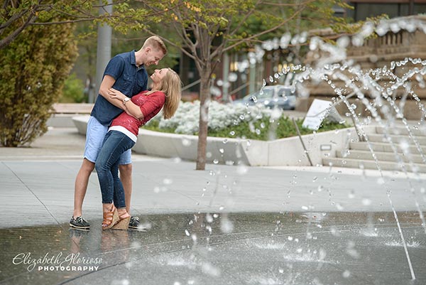 Engagement session in water fountains at Public Square in Cleveland, Ohio